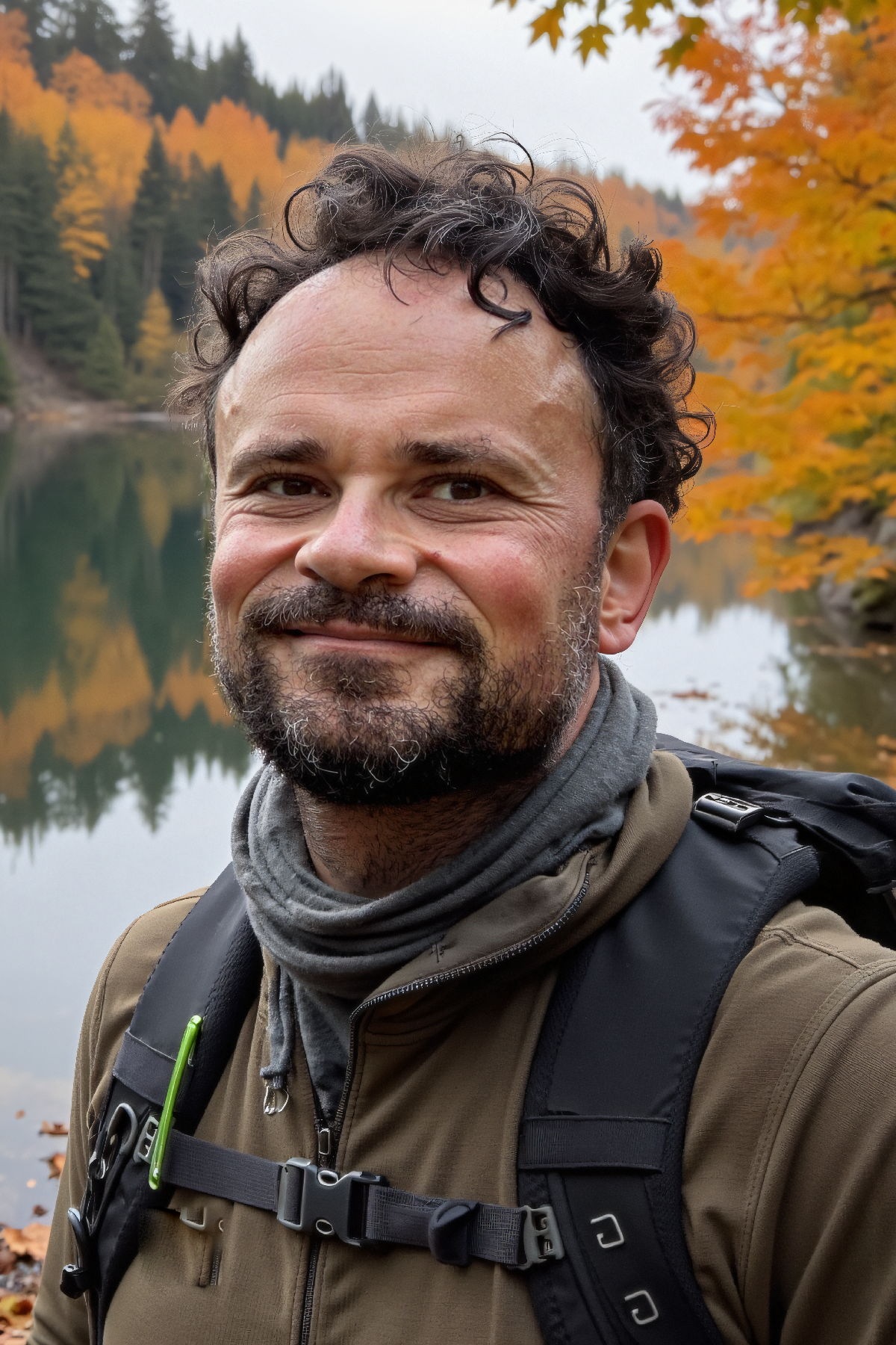 Close up of Henrique with a backpack by a lake, autumn colors behind him