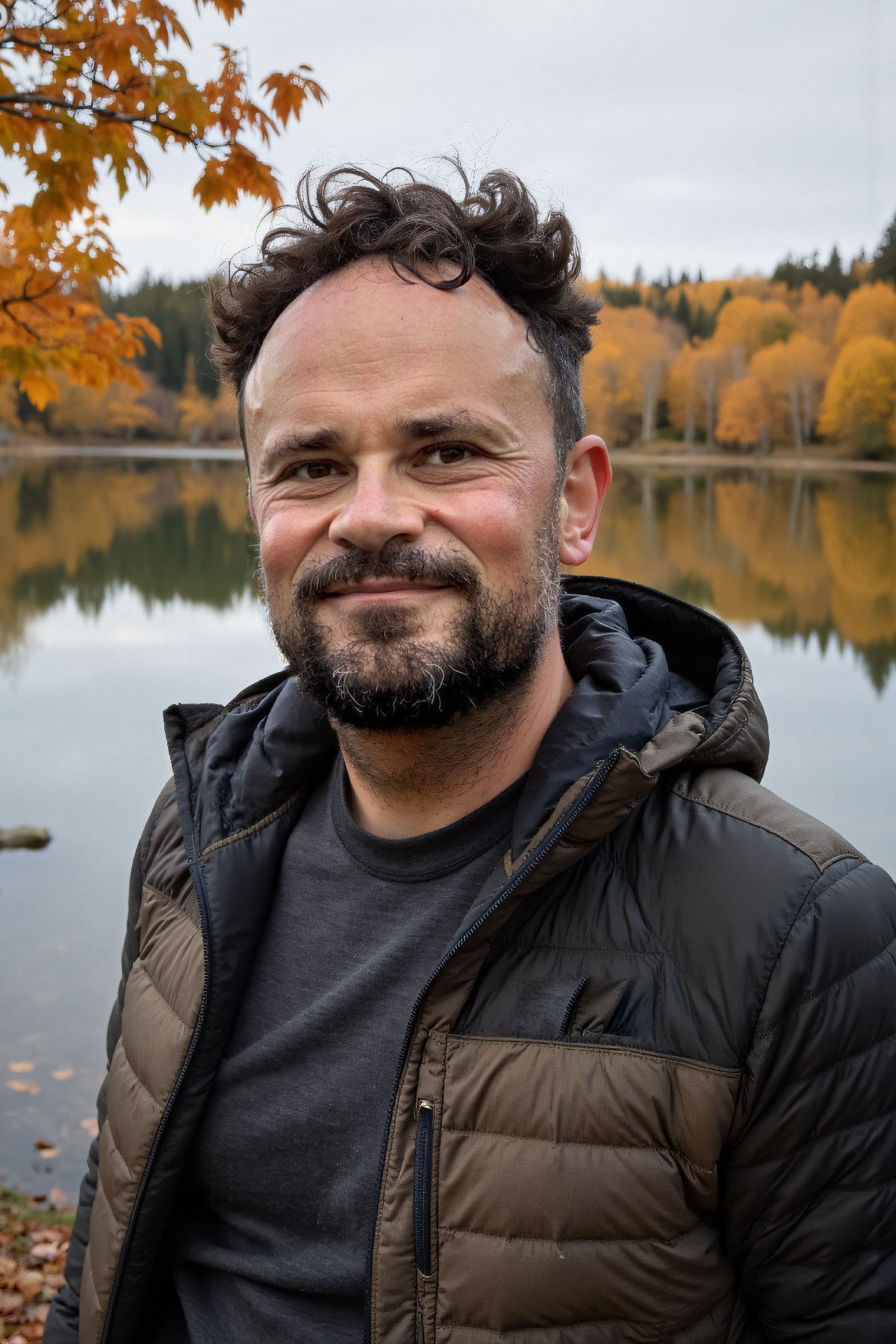 Henrique Castro by a lake in autumn, wearing an olive jacket and a scarf, smiling at the camera